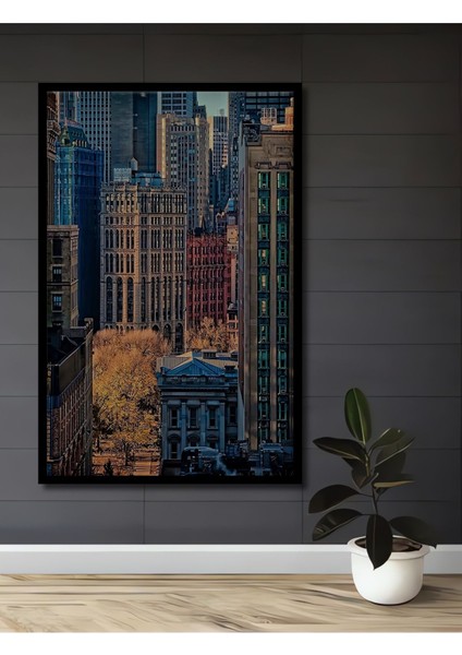Ahşap Tablo New York Manhattan City Peyzaj Şehir Posteri Çerçeve Görünümlü Dikey Duvar Tablo