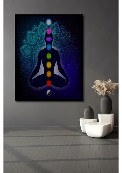 Hint Buda Meditasyon 7 Çakra Yoga Spor Ahşap Tablo Çerçeve Görünümlü Dikey Duvar Dekorasyon Tablosu