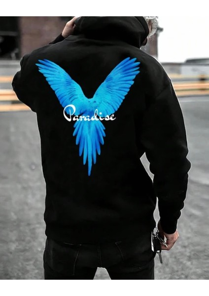 Büyük Beden Özel Tasarım Kapüşonlu Paradıse Mavi Sırt Baskılı Modern Erkek Battal Sweatshırt