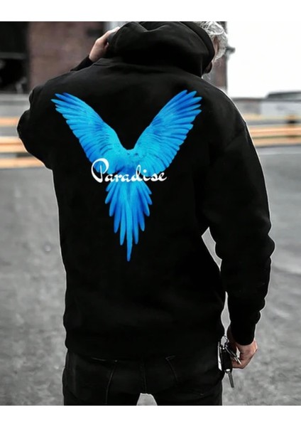 Büyük Beden Özel Tasarım Kapüşonlu Paradıse Mavi Sırt Baskılı Modern Erkek Battal Sweatshırt fiyatları