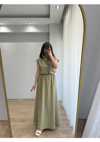 Haki Sağ-Sol Yırtmaçlı Beli Lastkli Poplin Etek