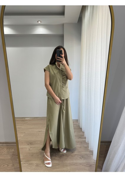 Haki Sağ-Sol Yırtmaçlı Beli Lastkli Poplin Etek fiyatları