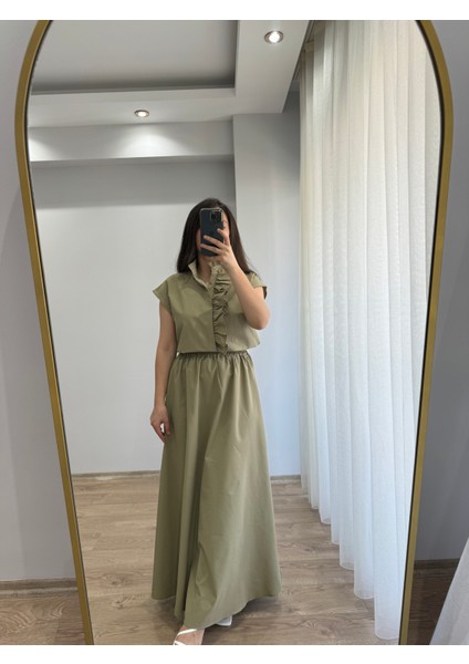 Haki Sağ-Sol Yırtmaçlı Beli Lastkli Poplin Etek indirimleri