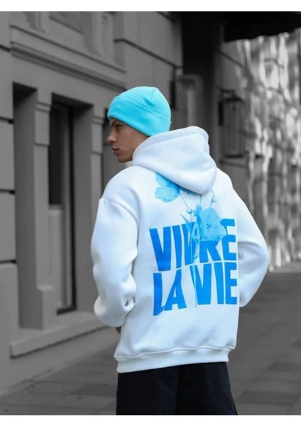 Büyük Beden Özel Tasarım Kapüşonlu Vivre La Vie Sırt Baskılı Oversize Erkek Battal Sweatshırt