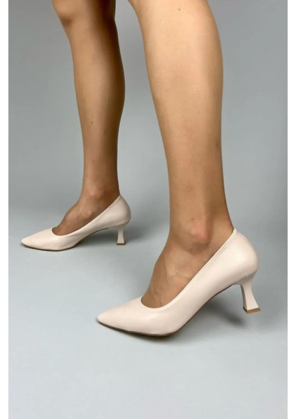 Kadın Sity Krem Cilt 6 cm Ince Topuklu Stiletto