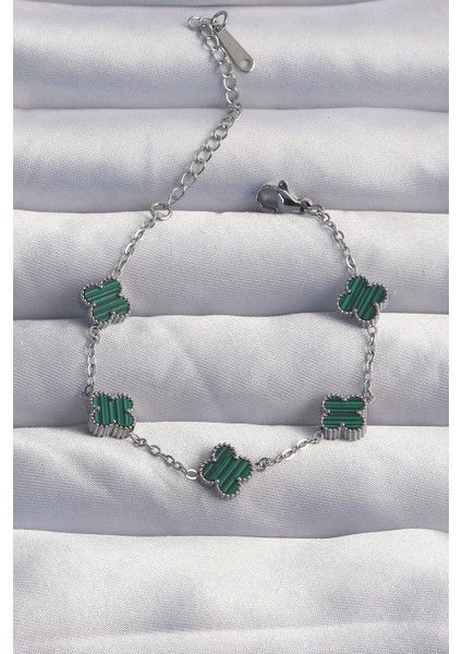 316L Çelik Baby Boy Gümüş Renk Çizgili Yeşil Mineli Yonca Bileklik