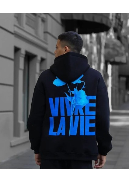 Büyük Beden Özel Tasarım Kapüşonlu Vıvre La Vie Sırt Baskılı Modern Erkek Battal Sweatshırt
