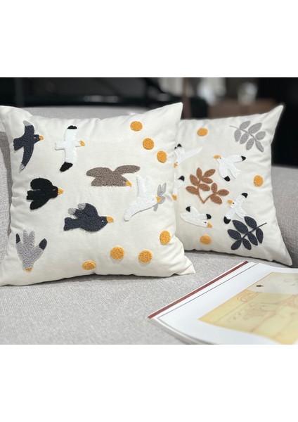 Home Ikili Punch Nakışlı Keten Pamuklu Kumaş Kırlent Kılıfı