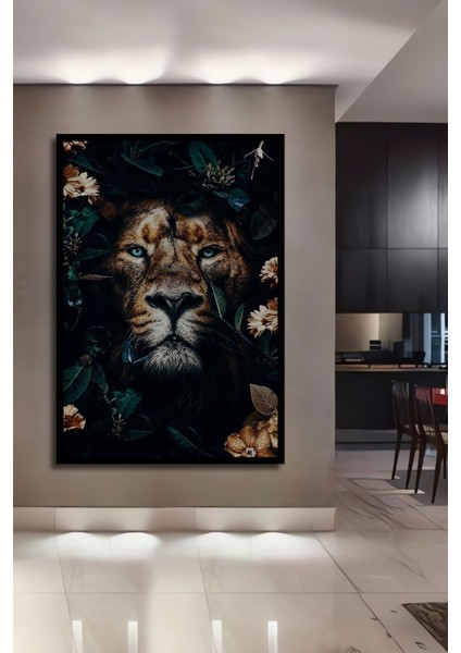 Çiçekler ve Hayvanlarla Çevrili Aslan Tuval Ahşap Tablo Çerçeve Görünümlü Dikey Duvar Tablo