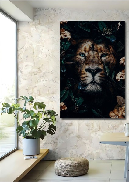 Çiçekler ve Hayvanlarla Çevrili Aslan Tuval Ahşap Tablo Çerçeve Görünümlü Dikey Duvar Tablo fiyatları