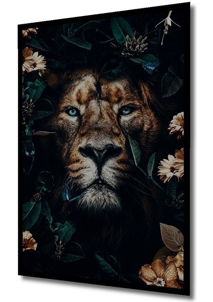 Çiçekler ve Hayvanlarla Çevrili Aslan Tuval Ahşap Tablo Çerçeve Görünümlü Dikey Duvar Tablo modelleri