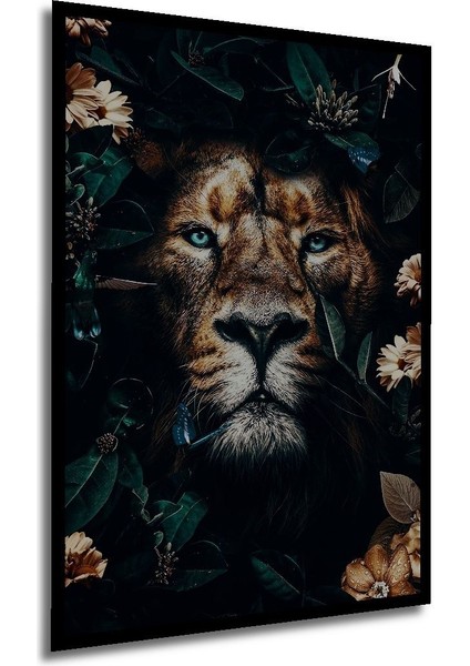 Çiçekler ve Hayvanlarla Çevrili Aslan Tuval Ahşap Tablo Çerçeve Görünümlü Dikey Duvar Tablo fırsatları