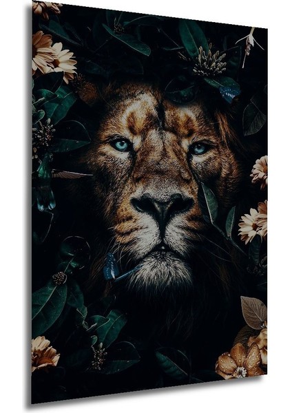 Çiçekler ve Hayvanlarla Çevrili Aslan Tuval Ahşap Tablo Çerçeve Görünümlü Dikey Duvar Tablo indirimleri