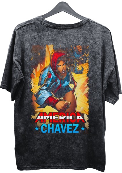 Unisex America Chavez Baskılı Yıkamalı Tişört, Oversize Marvel Comics Baskılı Eskitme T-Shirt