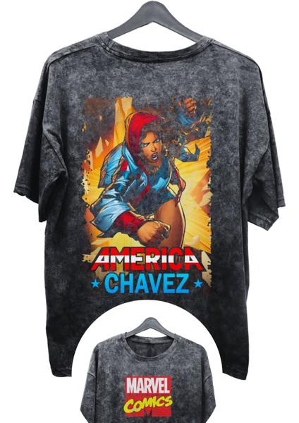 Unisex America Chavez Baskılı Yıkamalı Tişört, Oversize Marvel Comics Baskılı Eskitme T-Shirt
