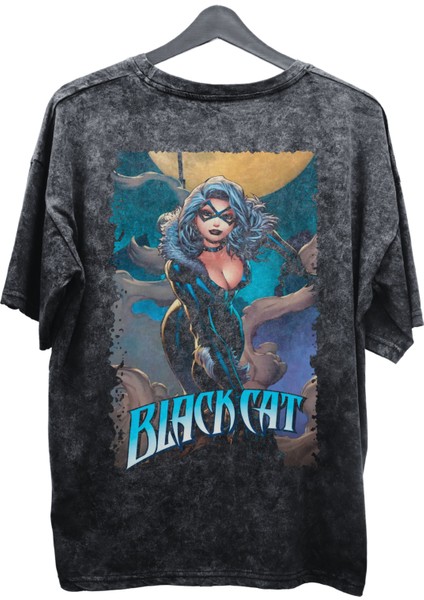 Unisex Black Cat Baskılı Yıkamalı Tişört, Oversize Marvel Comics Baskılı Vintage T-Shirt