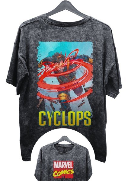 Unisex Cyclops Baskılı Yıkamalı Tişört, Oversize Marvel Comics Baskılı Vintage T-Shirt