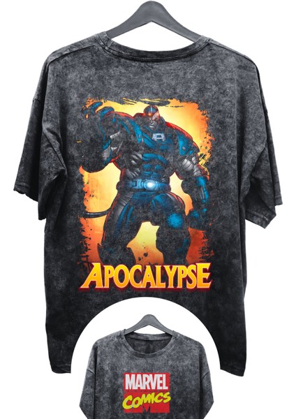 Unisex Apocalypse Baskılı Yıkamalı Tişört, Oversize Marvel Comics Baskılı Retro T-Shirt