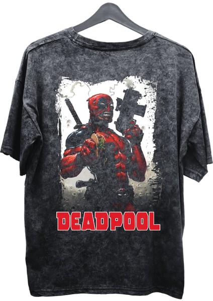 Unisex Deadpool Baskılı Yıkamalı Tişört, Oversize Marvel Comics Baskılı Eskitme T-Shirt