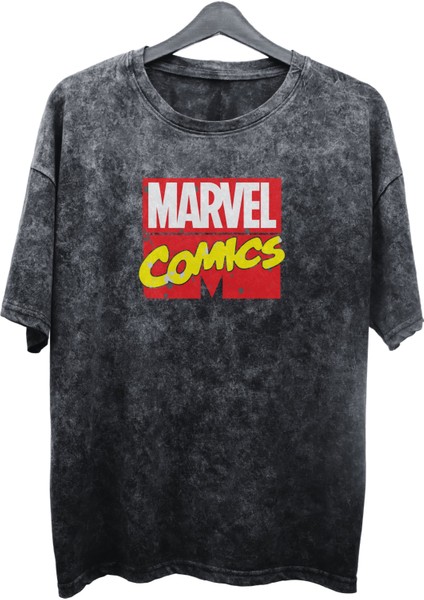 Unisex Deadpool Baskılı Yıkamalı Tişört, Oversize Marvel Comics Baskılı Eskitme T-Shirt
