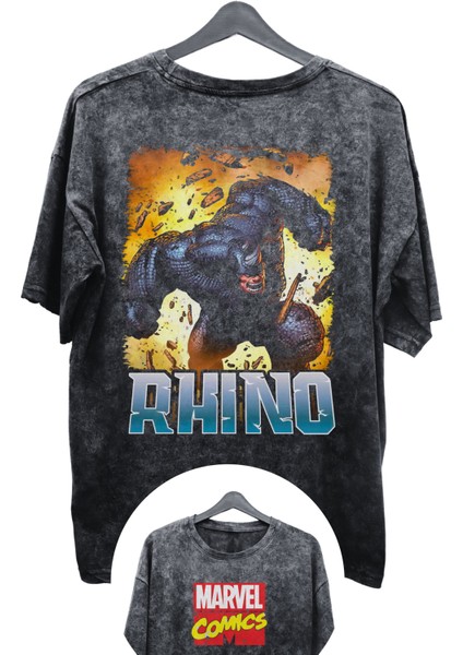 Unisex Rhino Baskılı Yıkamalı Tişört, Oversize Marvel Comics Baskılı Retro T-Shirt