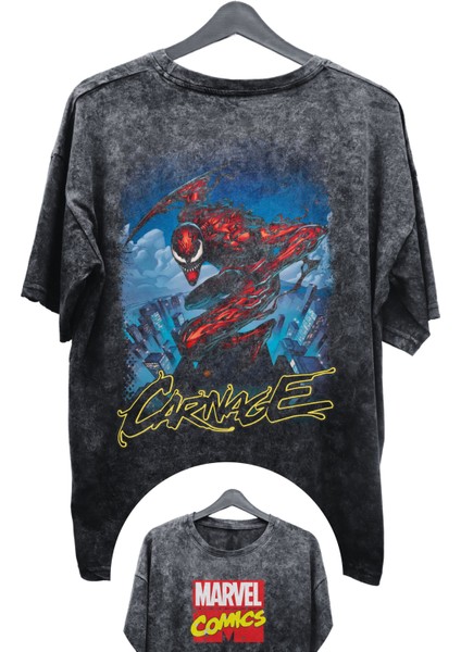 Unisex Carnage Baskılı Yıkamalı Tişört, Oversize Marvel Comics Baskılı Eskitme T-Shirt