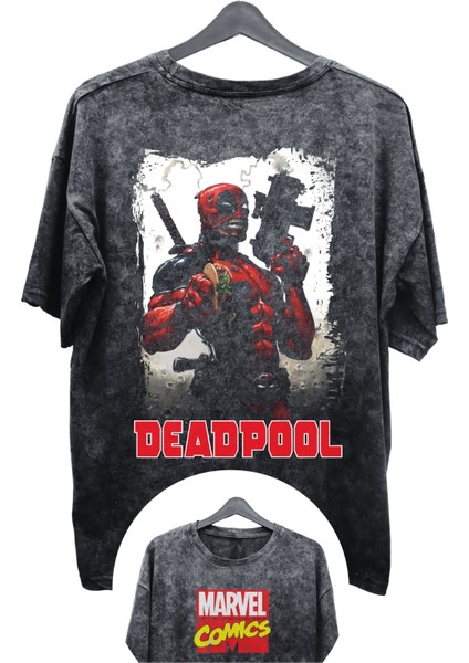 Unisex Deadpool Baskılı Yıkamalı Tişört, Oversize Marvel Comics Baskılı Eskitme T-Shirt