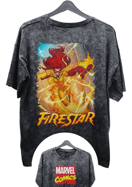 Unisex Firestar Baskılı Yıkamalı Tişört, Oversize Marvel Comics Baskılı Eskitme T-Shirt