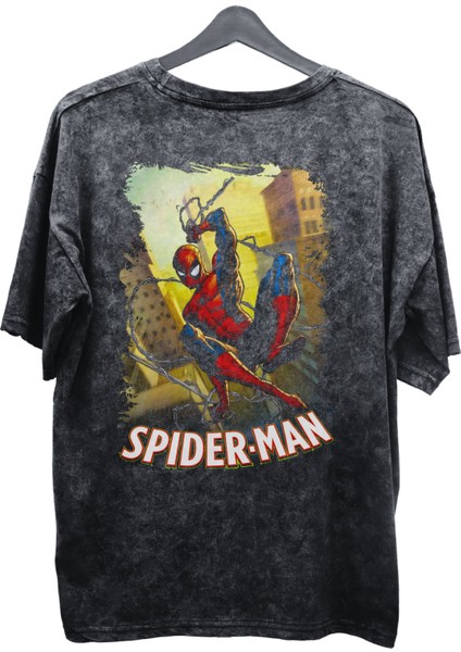 Unisex V2 Spider-Man Baskılı Yıkamalı Tişört, Oversize Marvel Comics Baskılı Vintage T-Shirt
