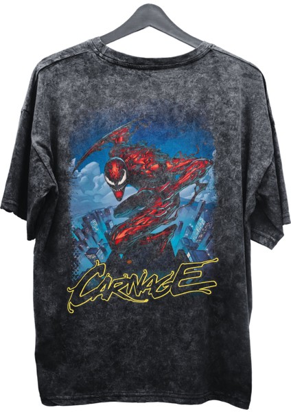 Unisex Carnage Baskılı Yıkamalı Tişört, Oversize Marvel Comics Baskılı Eskitme T-Shirt fiyatları