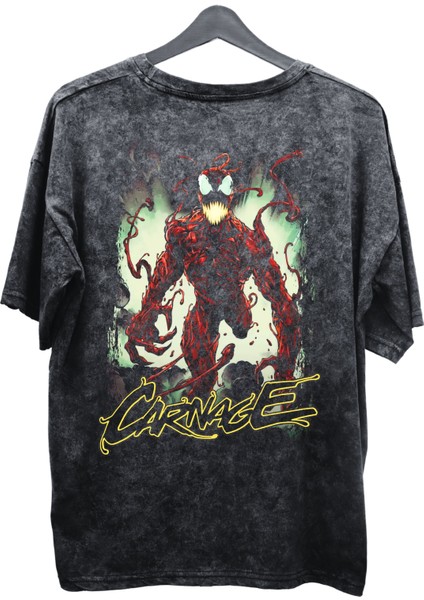 Unisex V2 Carnage Baskılı Yıkamalı Tişört, Oversize Marvel Comics Baskılı Retro T-Shirt