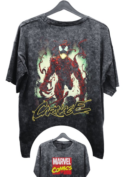 Unisex V2 Carnage Baskılı Yıkamalı Tişört, Oversize Marvel Comics Baskılı Retro T-Shirt fiyatları