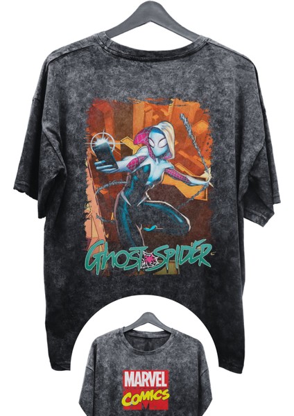 Unisex Ghost Spider Baskılı Yıkamalı Tişört, Oversize Marvel Comics Baskılı Vintage T-Shirt