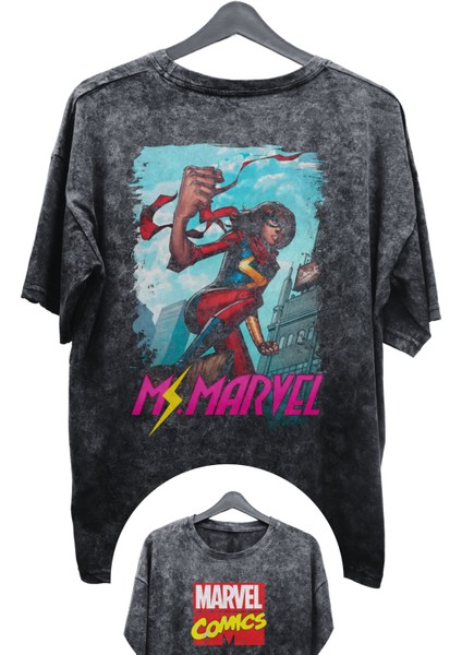 Unisex Ms. Marvel Baskılı Yıkamalı Tişört, Oversize Marvel Comics Baskılı Eskitme T-Shirt
