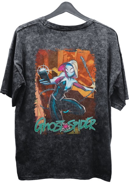 Unisex Ghost Spider Baskılı Yıkamalı Tişört, Oversize Marvel Comics Baskılı Vintage T-Shirt