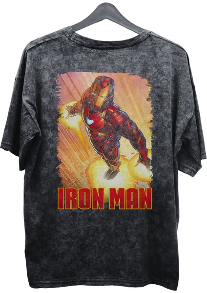 Unisex Iron Man Baskılı Yıkamalı Tişört, Oversize Marvel Comics Baskılı Eskitme T-Shirt