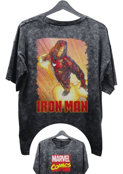 Unisex Iron Man Baskılı Yıkamalı Tişört, Oversize Marvel Comics Baskılı Eskitme T-Shirt