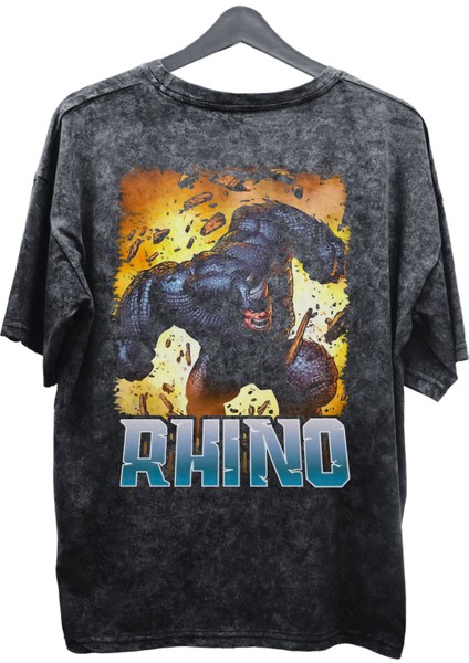 Unisex Rhino Baskılı Yıkamalı Tişört, Oversize Marvel Comics Baskılı Retro T-Shirt fiyatları