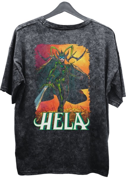 Unisex Hela Baskılı Yıkamalı Tişört, Oversize Marvel Comics Baskılı Vintage T-Shirt