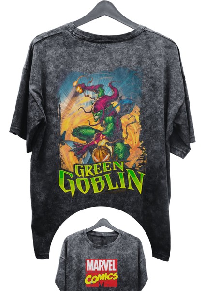 Unisex Green Goblin Baskılı Yıkamalı Tişört, Oversize Marvel Comics Baskılı Retro T-Shirt