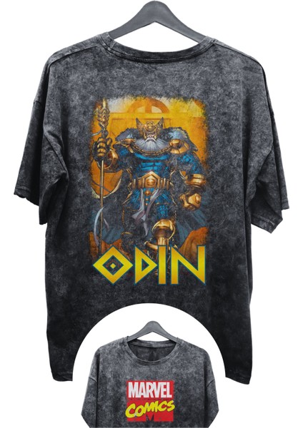 Unisex Odin Baskılı Yıkamalı Tişört, Oversize Marvel Comics Baskılı Vintage T-Shirt