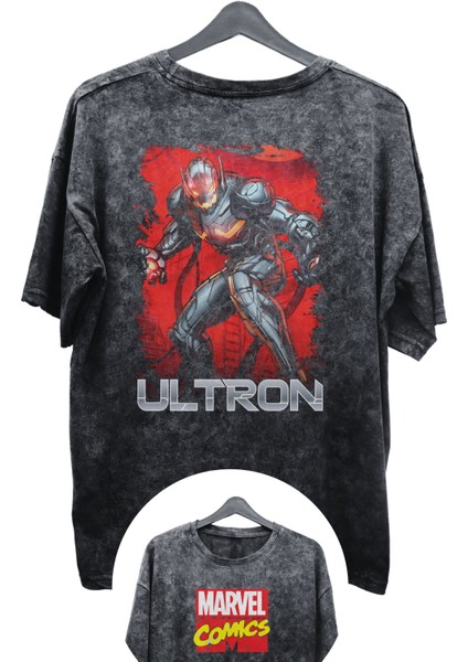Unisex Ultron Baskılı Yıkamalı Tişört, Oversize Marvel Comics Baskılı Retro T-Shirt fiyatları