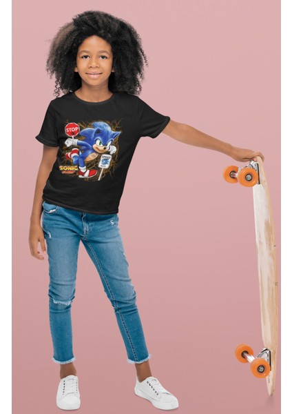 Sonic Baskılı Çocuk Tişört, Unisex Çizgi Film Baskılı Bebek T-Shirt