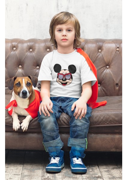 Gözlüklü Mickey Mouse Baskılı Çocuk Tişört, Unisex Disney Baskılı Bebek T-Shirt