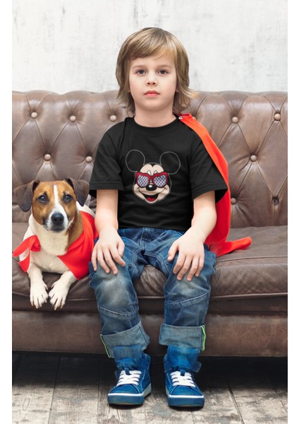 Gözlüklü Mickey Mouse Baskılı Çocuk Tişört, Unisex Disney Baskılı Bebek T-Shirt