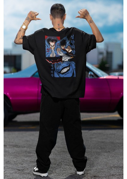 Oversize Vector Solo Leveling Sırt Baskılı T-Shirt, Unisex Anime Baskılı Tişört