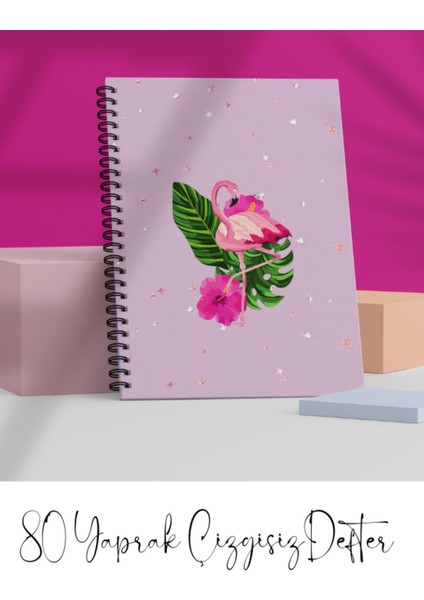 A5 Spiralli Defter Flamingo – Çilek 80 Yaprak Çizgisiz - Dondurma Fosforlu Kalem 6'lı