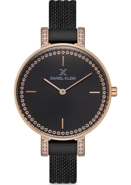 DK.1.12908.5 Hasır Kordon Taşlı Tasarım Siyah-Rose Gold Kadın Kol Saati