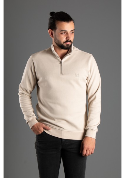 Erkek Bej Dik Yaka Fermuarlı Kazak