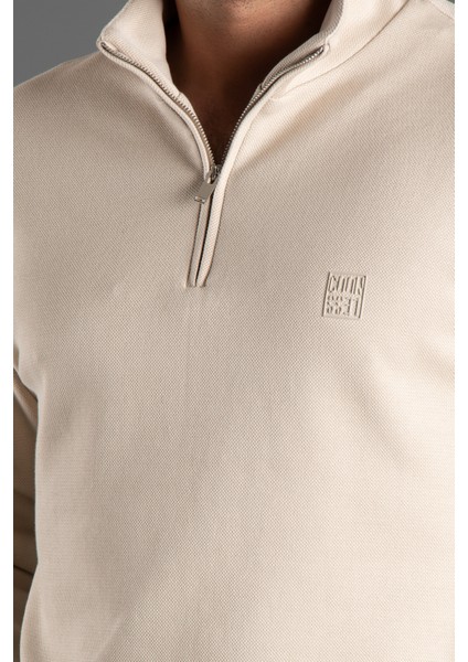 Erkek Bej Dik Yaka Fermuarlı Kazak modelleri